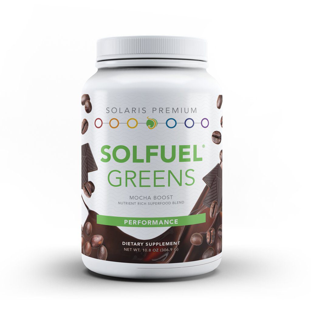 A bottle of solfuel greens chocolate