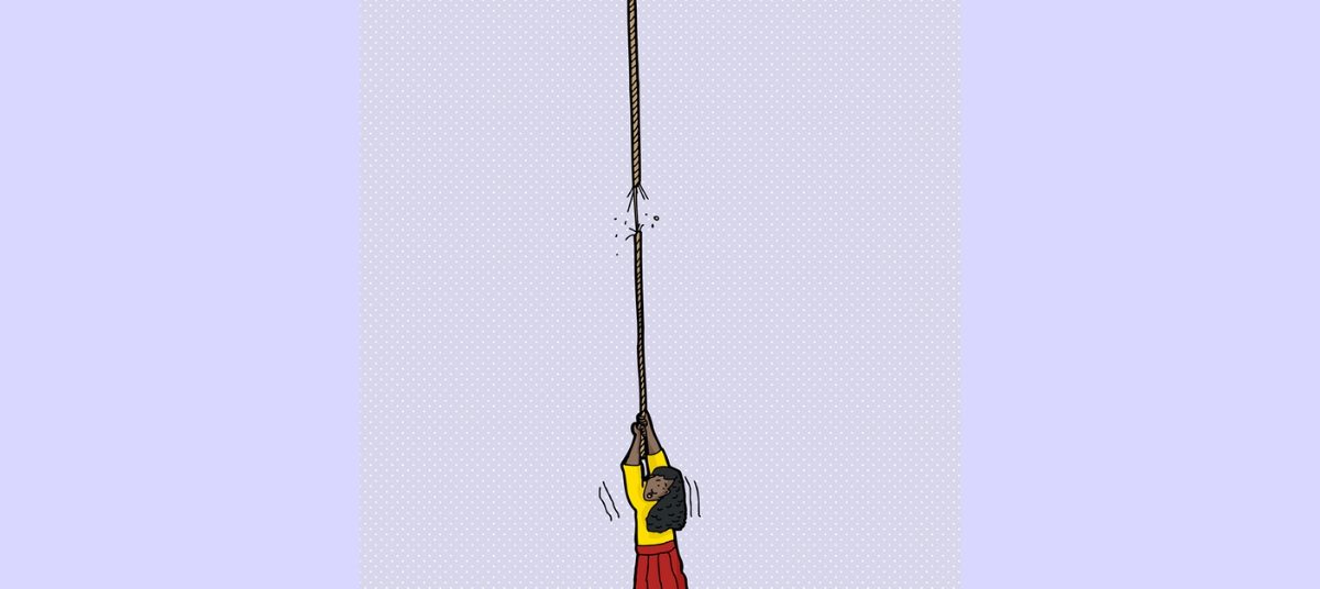 A cartoon of someone holding onto the handle of a pole.