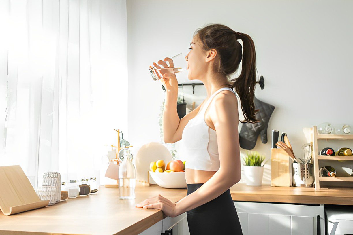 A woman drinking water in the kitchen