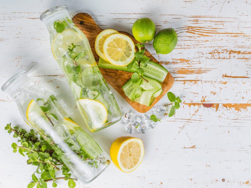 A table with lemons and limes next to water.