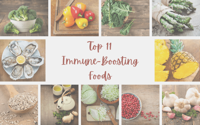 A collage of food with the words " top 1 1 immune-boosting foods ".